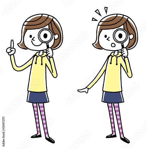 女の子：調べる、虫眼鏡、発見
