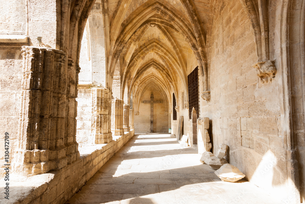 Arched cloister of historic Gothic architectural Cathedral Saint Nazaire