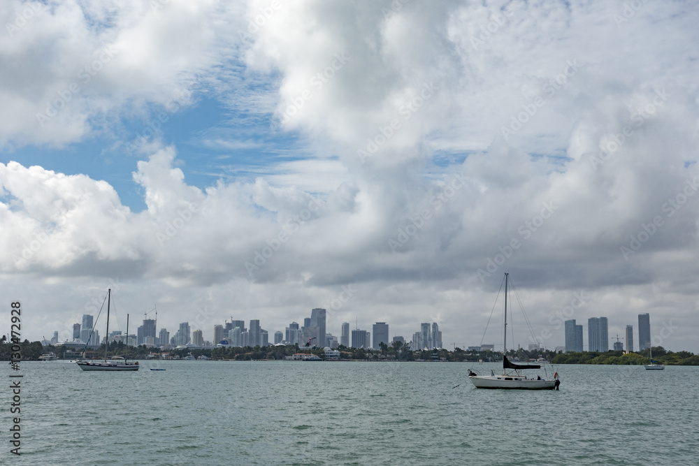 Sailboats in Miami, Florida Bay on a Cloudy Day With Downtown Skyscraper Backdrop