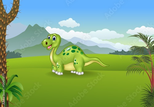 Cartoon cute dinosaur posing with the prehistoric background