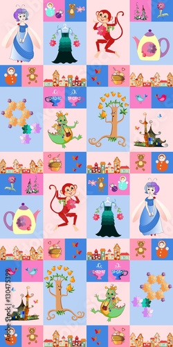 Patchwork for children. Festive background with a fairy, dragon, monkey, castle, teapot and cups, birds, butterflies, tree, town, toys, cake and flowers. Print for fabric.
