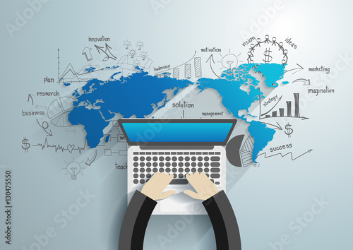 World map with creative drawing charts and graphs business success strategy plan ideas,  With Man hand working on laptop computer keyboard with blank screen monitor, Top View