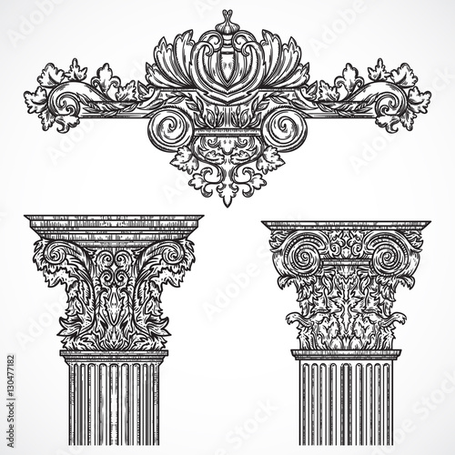 Vintage architectural details design elements. Antique baroque classic style column and cartouche. Hand drawn vector illustration