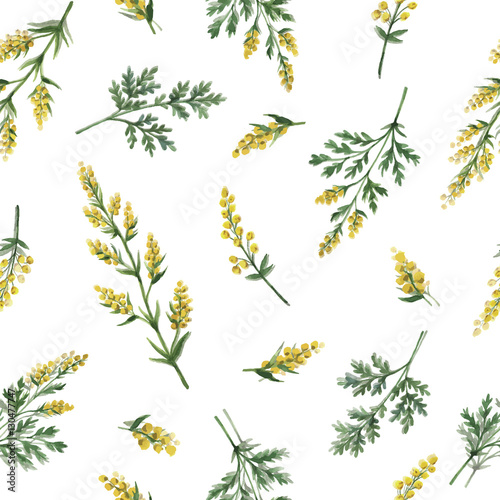 Watercolor vector seamless pattern with wormwood flowers and branches. photo