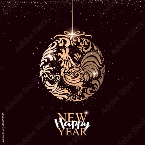Happy New Year greeting card with hanging balls decoration, rooster ornament. Vector illustration