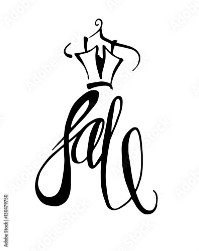Fashion design vector illustration hand drawn. Woman dress isolated on white. Dress with Sale on hanger. Lettering.
