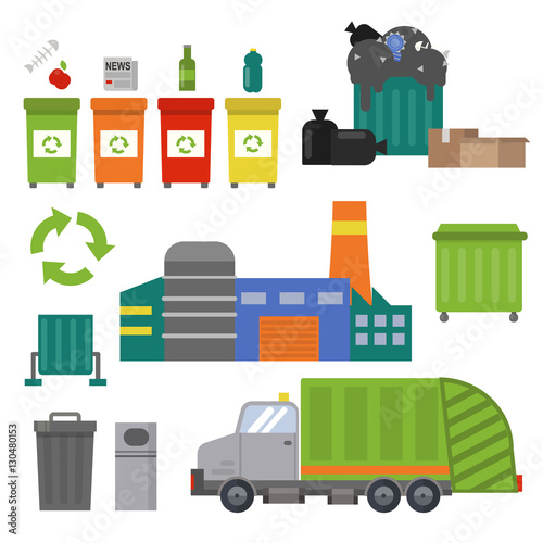Ecology waste, recycling set. Garbage cans, truck, trash bins vector set.