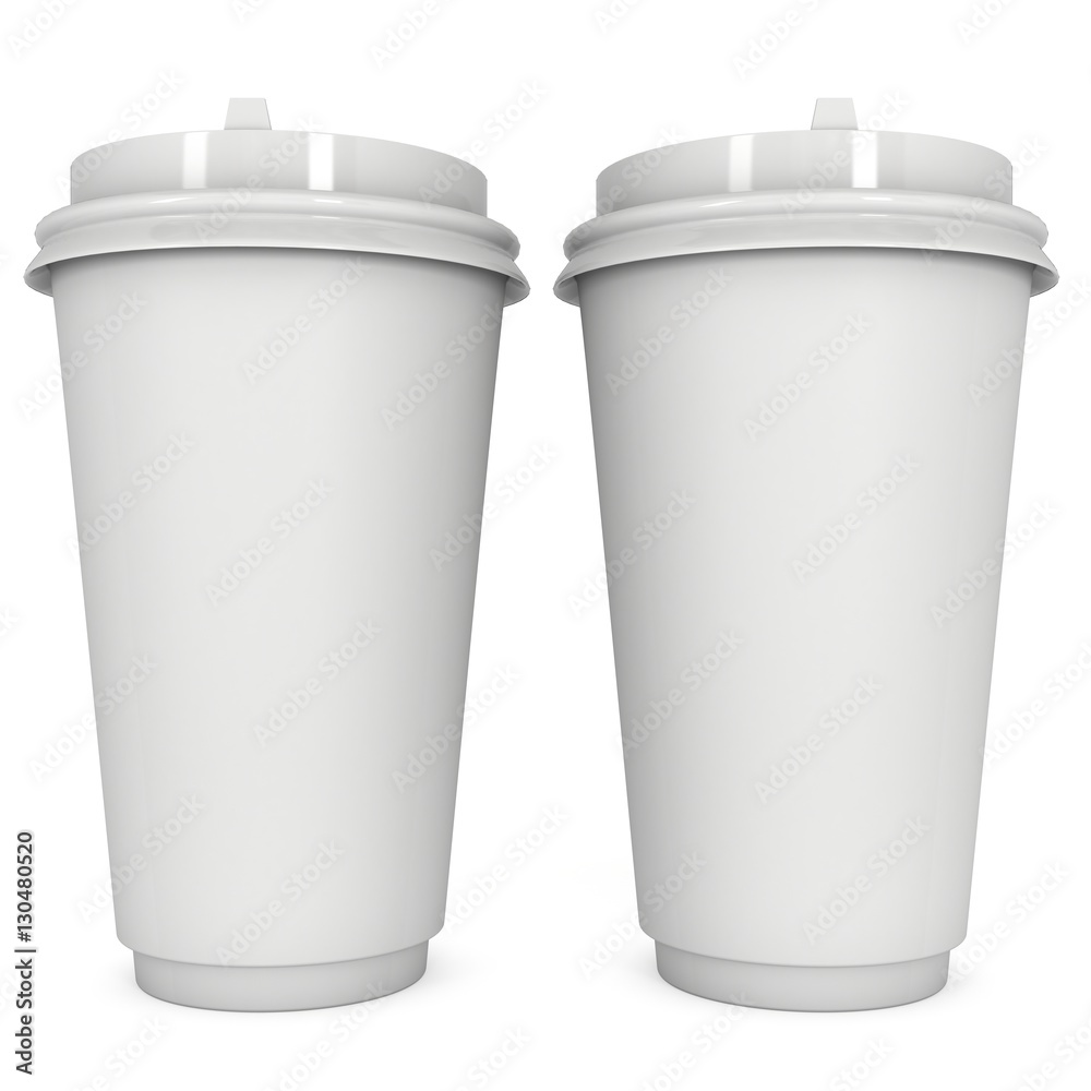 Disposable coffee cups. Blank paper mug with plastic cap. 3d render isolated on white background Disposable coffee cups. Blank paper mug with plastic cap. 3d render isolated on white background