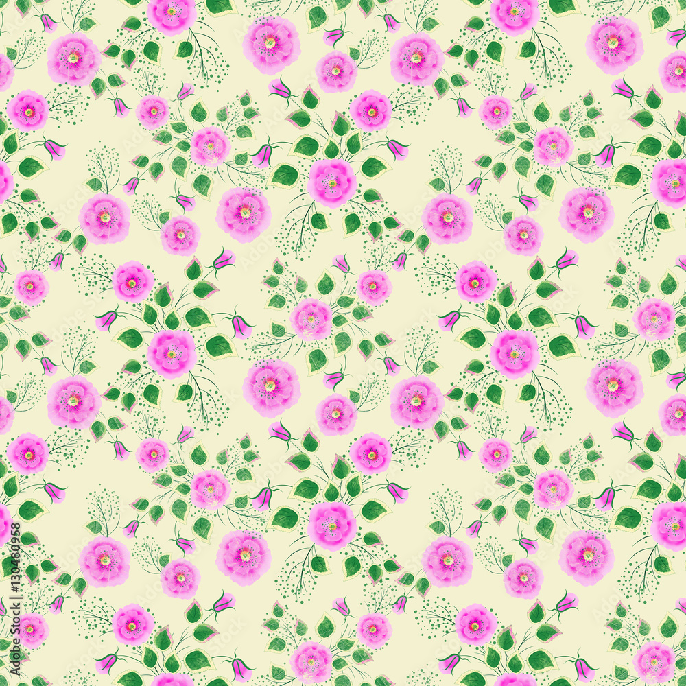 Seamless floral pattern background, flowers ornament wallpaper textile Illustration. pink flowers on a beige background.