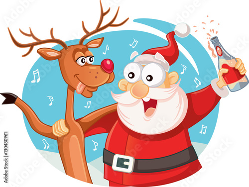 Santa Claus and his Reindeer Drinking and Celebrating Christmas