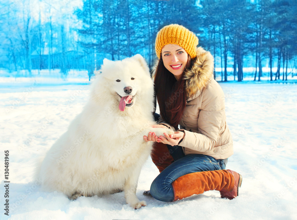 Happy smiling young woman owner with white Samoyed dog winter on Happy smiling young woman owner with white Samoyed dog winter on