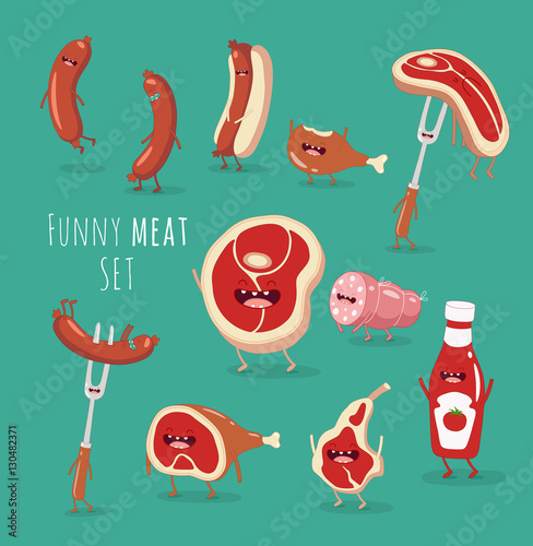 Funny meat set. Sausage, steak, beef, ham, ketchup, chicken leg all the barbecue. vector illustration.