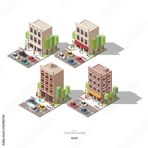 isometric town buildings with people, car and tree vector icon d © yindee