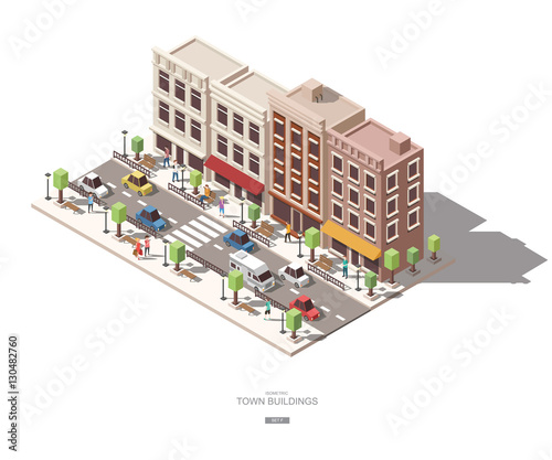 isometric town buildings with people, car and tree vector icon d
