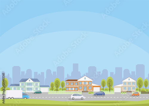 The cottage settlement on the suburb of the big city. Vector background