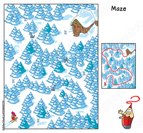 Find your way to the house. Beware of wolves! Educational maze game for children. Cartoon vector illustration