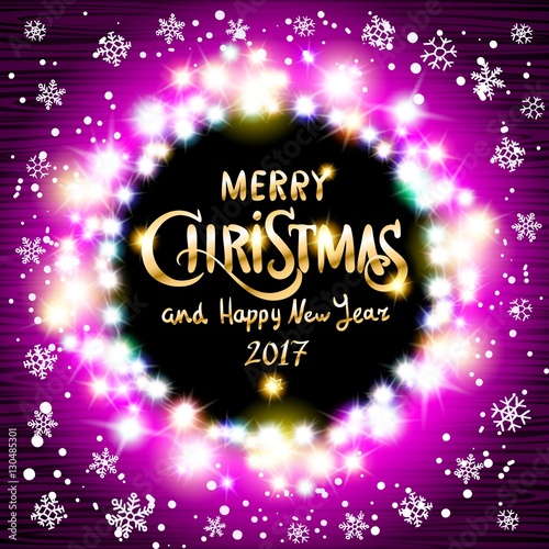 Merry Christmas and Happy New Year 2017 greeting card with beautiful fireworks in the night. Shining Christmas background. Vector illustration.