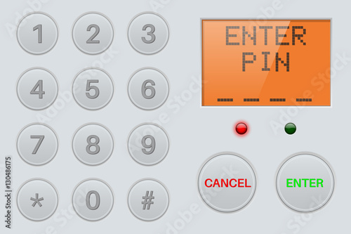 Pin enter display with number buttons. Gray plastic background