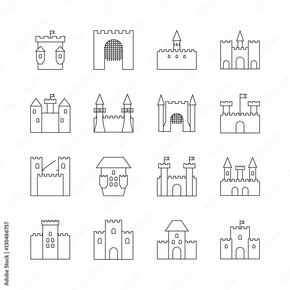 Historical ancient castle linear icons. Citadel and chateau fortress outline vector 