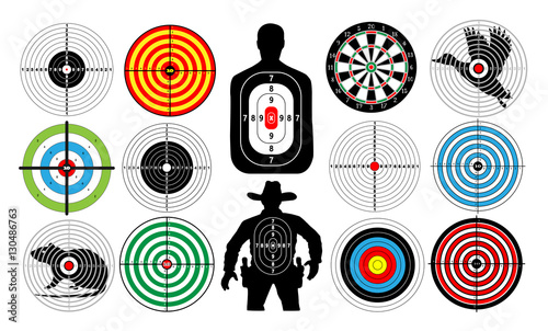 Big set of targets isolated animals people cowboy man. Targets for shooting. Archery.  Darts board. vector photo