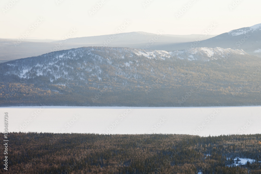 Lake Zyuratkul and the Ural Mountains landscape.