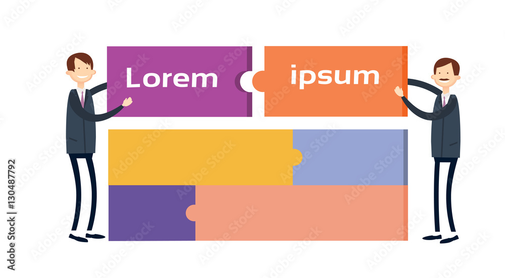 Two Business Man Match Puzzle Parts, Teamwork Success Flat Vector Illustration Two Business Man Match Puzzle Parts, Teamwork Success Flat Vector Illustration