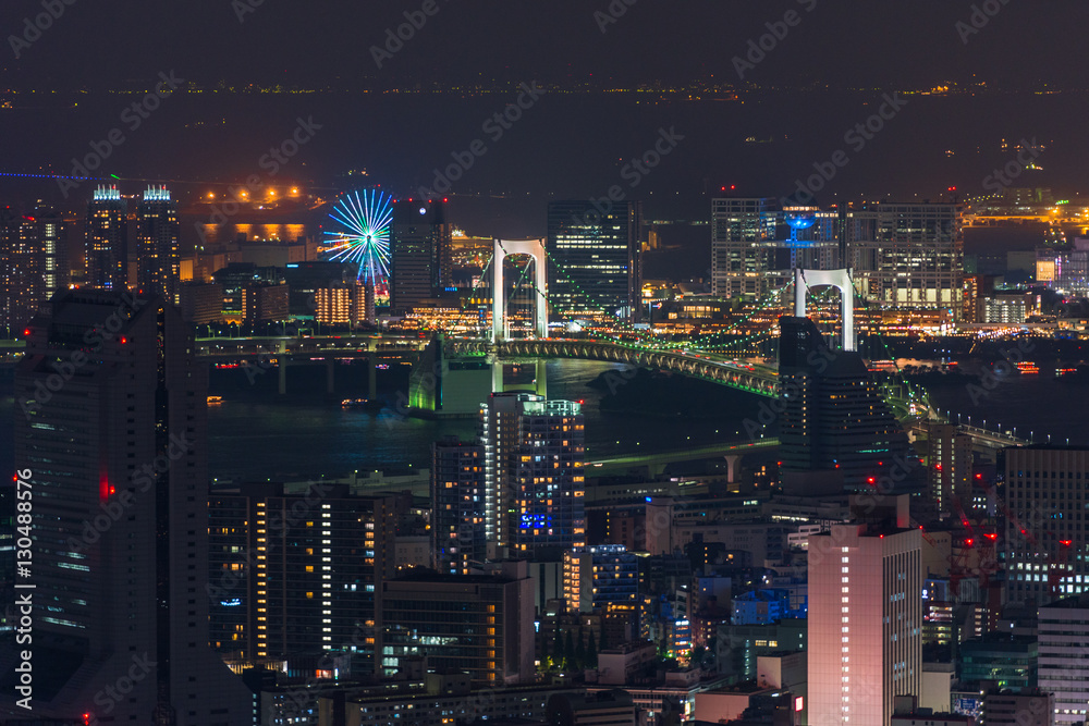 Aerial night view of Yokohama Cityscape and bay at Minato Mirai waterfront district