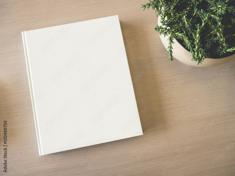 Fototapeta premium Book cover Mock up template on table with green plant decoration