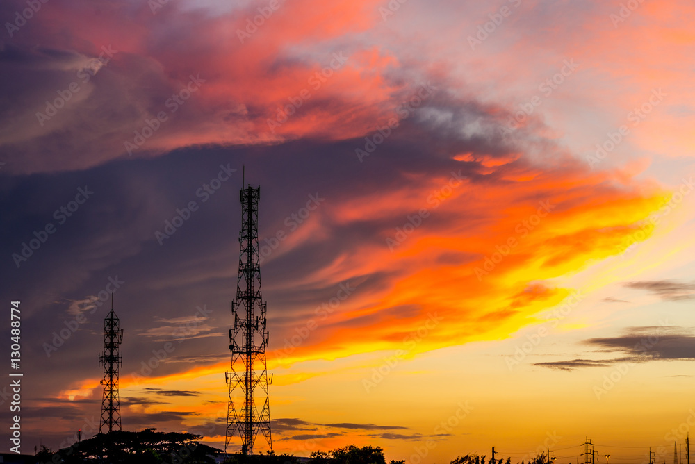 Communication Tower with Parabolic and GSM Antennas, Located in The Thailand..