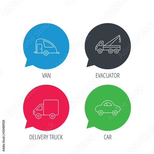 Colored speech bubbles. Car, delivery truck and evacuator icons. Travel van linear signs. Flat web buttons with linear icons. Vector
