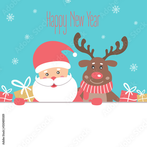 Happy New Year Card with Santa Claus and the reindeer. Vector illustration   .