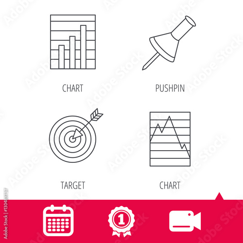 Achievement and video cam signs. Pushpin, graph charts and target icons. Supply and demand linear signs. Calendar icon. Vector