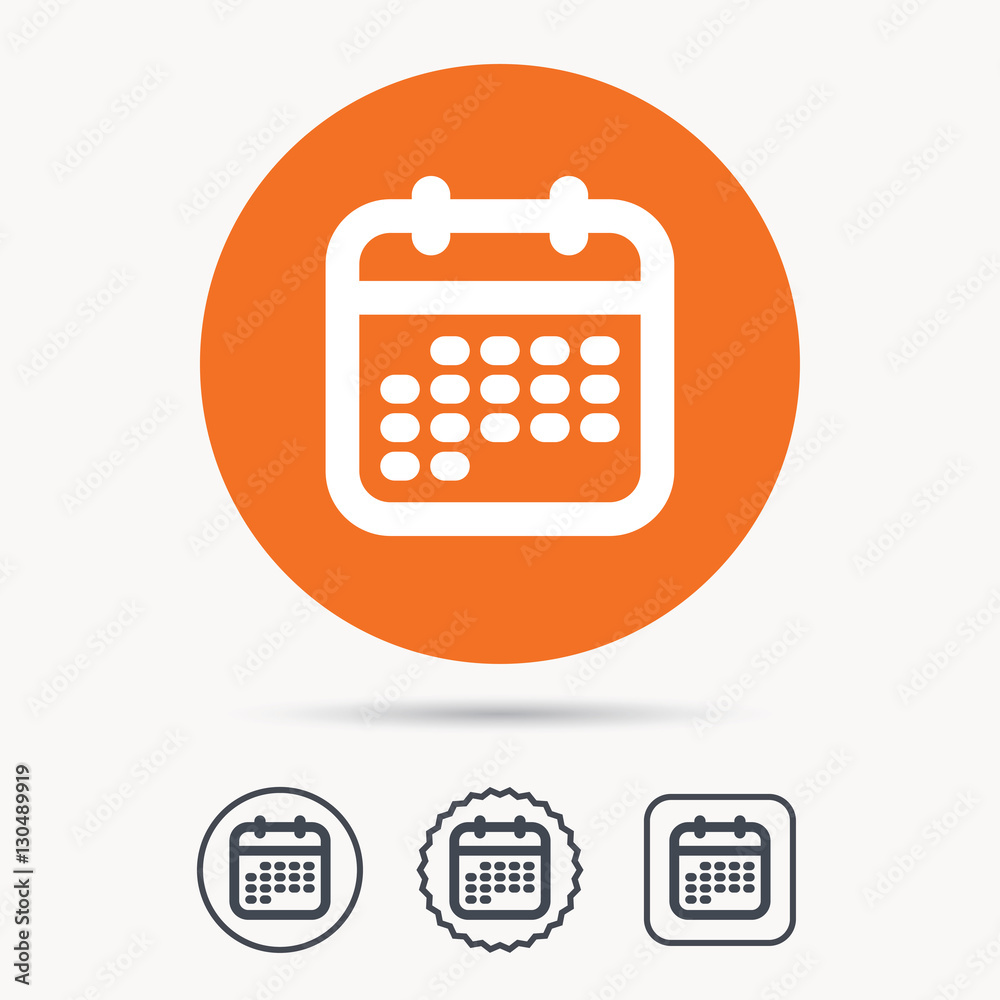 Calendar icon. Events reminder symbol. Orange circle button with web icon. Star and square design. Vector Calendar icon. Events reminder symbol. Orange circle button with web icon. Star and square design. Vector