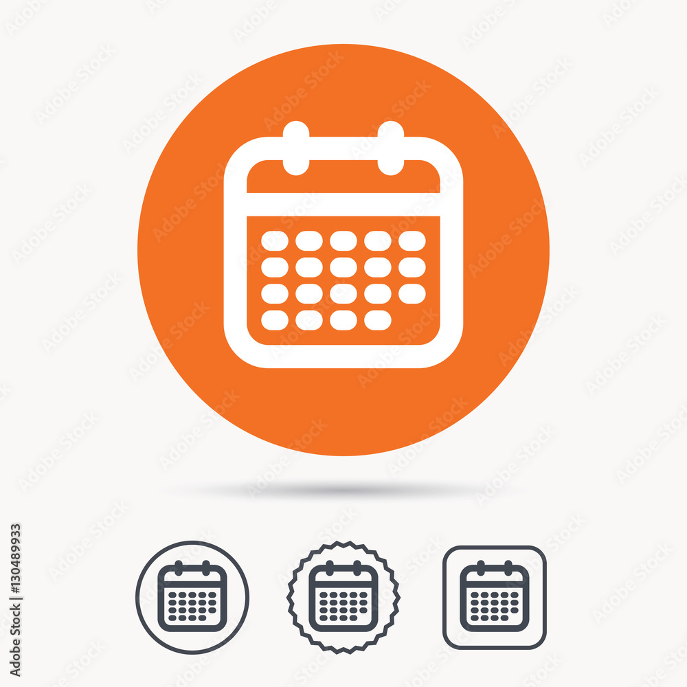 Calendar icon. Events reminder symbol. Orange circle button with web icon. Star and square design. Vector Calendar icon. Events reminder symbol. Orange circle button with web icon. Star and square design. Vector