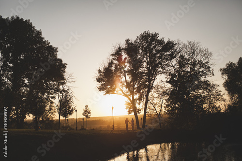 a silhouette of a couple holding hands under a big tree against sunset.selective focus