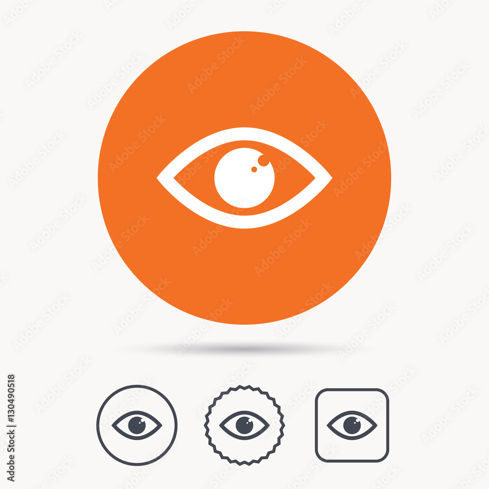 Eye icon. Eyeball vision symbol. Orange circle button with web icon. Star and square design. Vector Eye icon. Eyeball vision symbol. Orange circle button with web icon. Star and square design. Vector