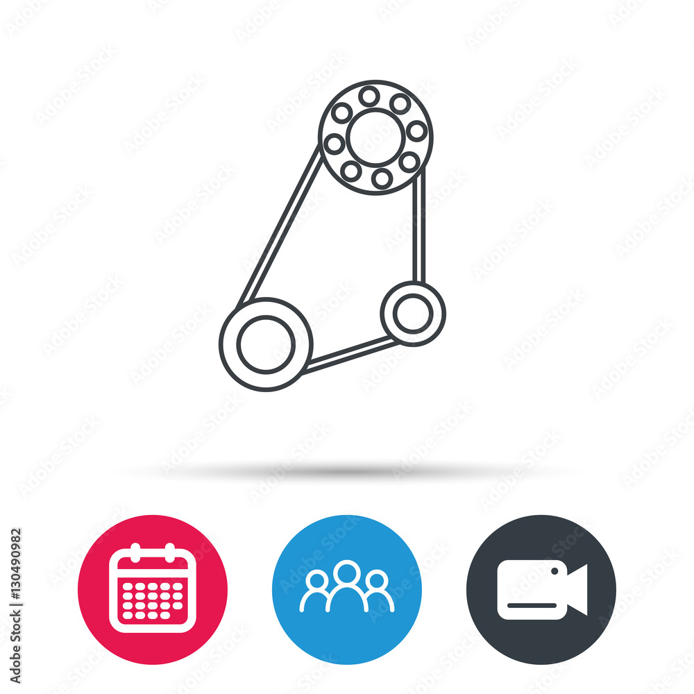 Timing belt icon. Generator strap sign. Repair service symbol. Group of people, video cam and calendar icons. Vector