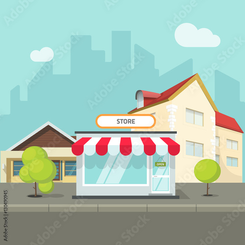 City landscape with houses and buildings vector illustration flat cartoon style, summer cityscape street with shop, modern town, urban design