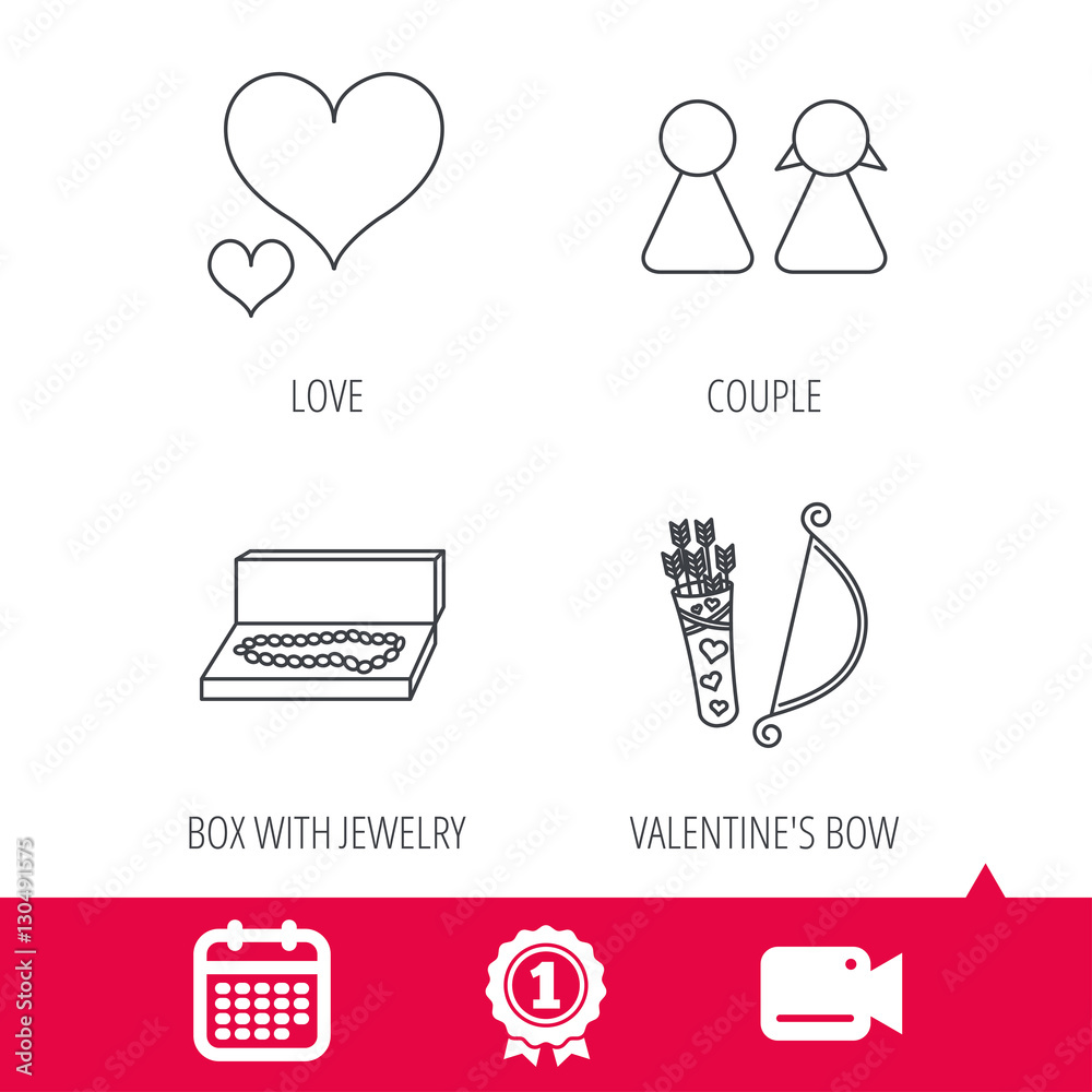 Fototapeta premium Achievement and video cam signs. Love heart, jewelry and couple icons. Valentine amour arrows linear signs. Calendar icon. Vector
