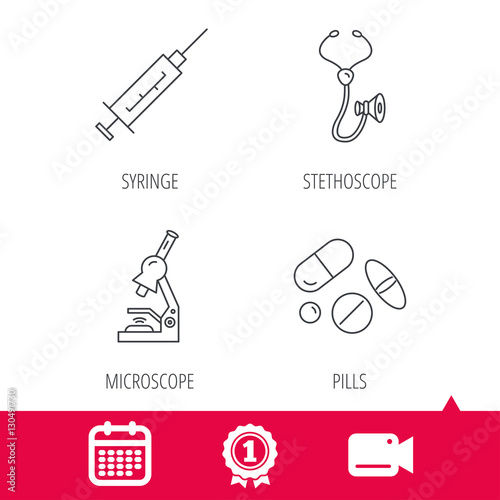 Achievement and video cam signs. Syringe, stethoscope and microscope icons. Medical pills linear sign. Calendar icon. Vector