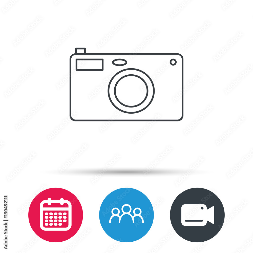Photo camera icon. Photographer equipment sign. Group of people, video cam and calendar icons. Vector Photo camera icon. Photographer equipment sign. Group of people, video cam and calendar icons. Vector