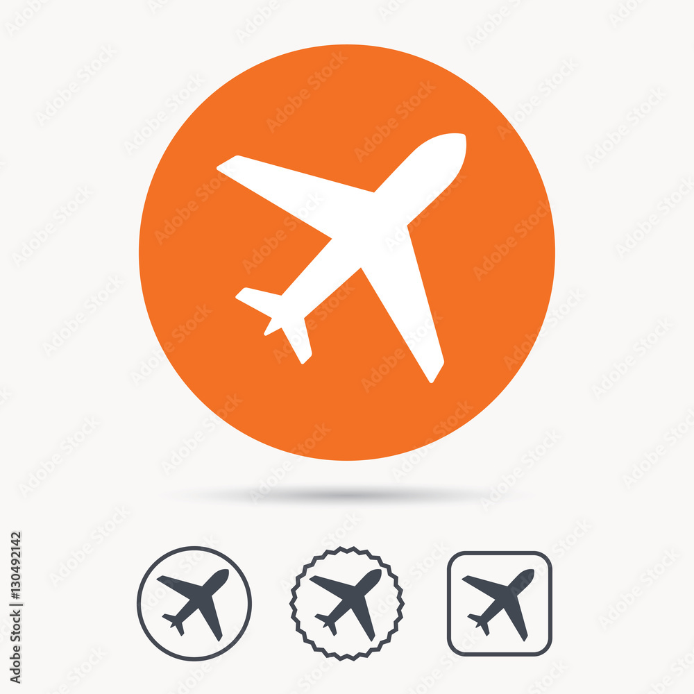 Plane icon. Flight transport symbol. Orange circle button with web icon. Star and square design. Vector