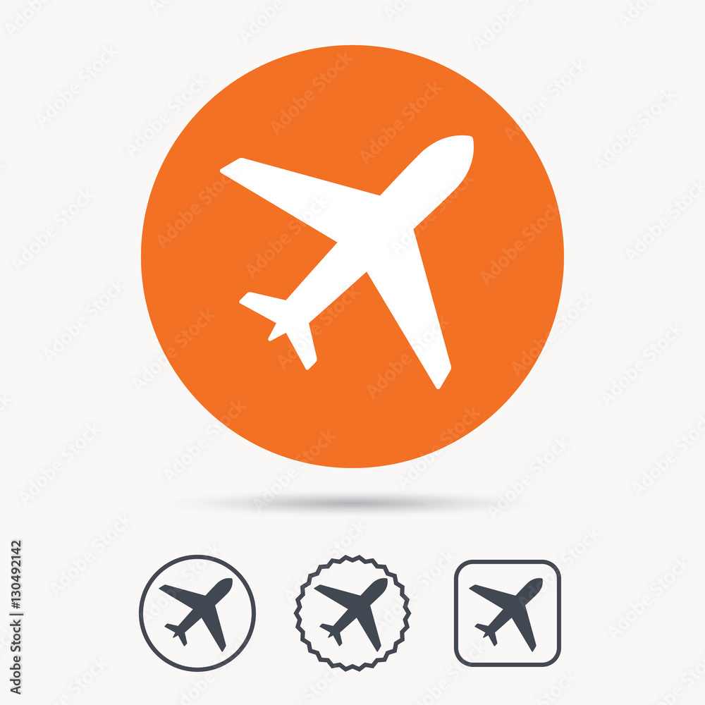 Plane icon. Flight transport symbol. Orange circle button with web icon. Star and square design. Vector Plane icon. Flight transport symbol. Orange circle button with web icon. Star and square design. Vector