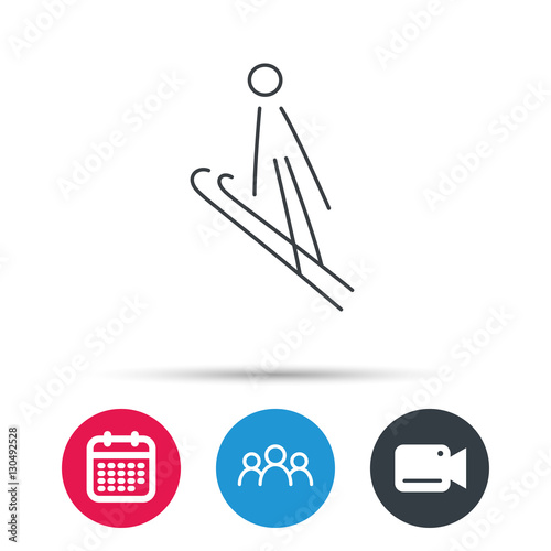 Ski jumping icon. Skis extreme sport sign. Professional competition symbol. Group of people, video cam and calendar icons. Vector