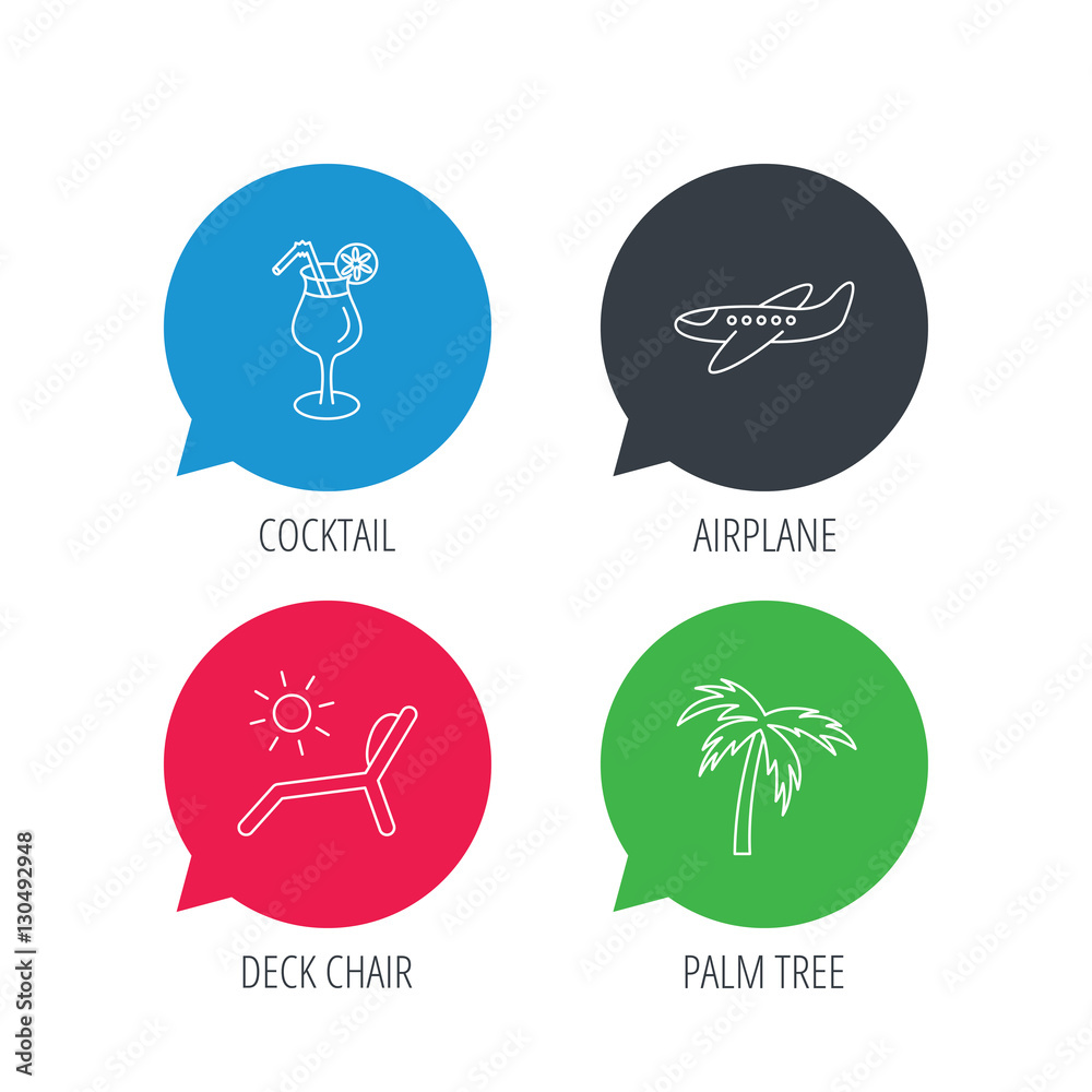 Fototapeta premium Colored speech bubbles. Airplane, deck chair and cocktail icons. Palm tree linear sign. Flat web buttons with linear icons. Vector
