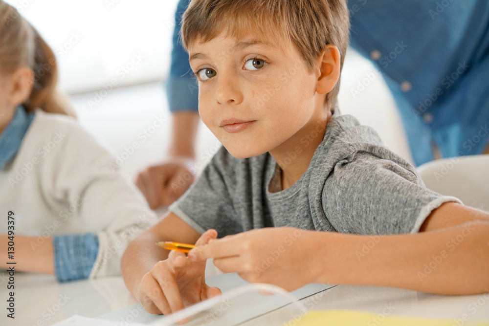 Portrait of pupil in school class taking notes during writing lesson Portrait of pupil in school class taking notes during writing lesson