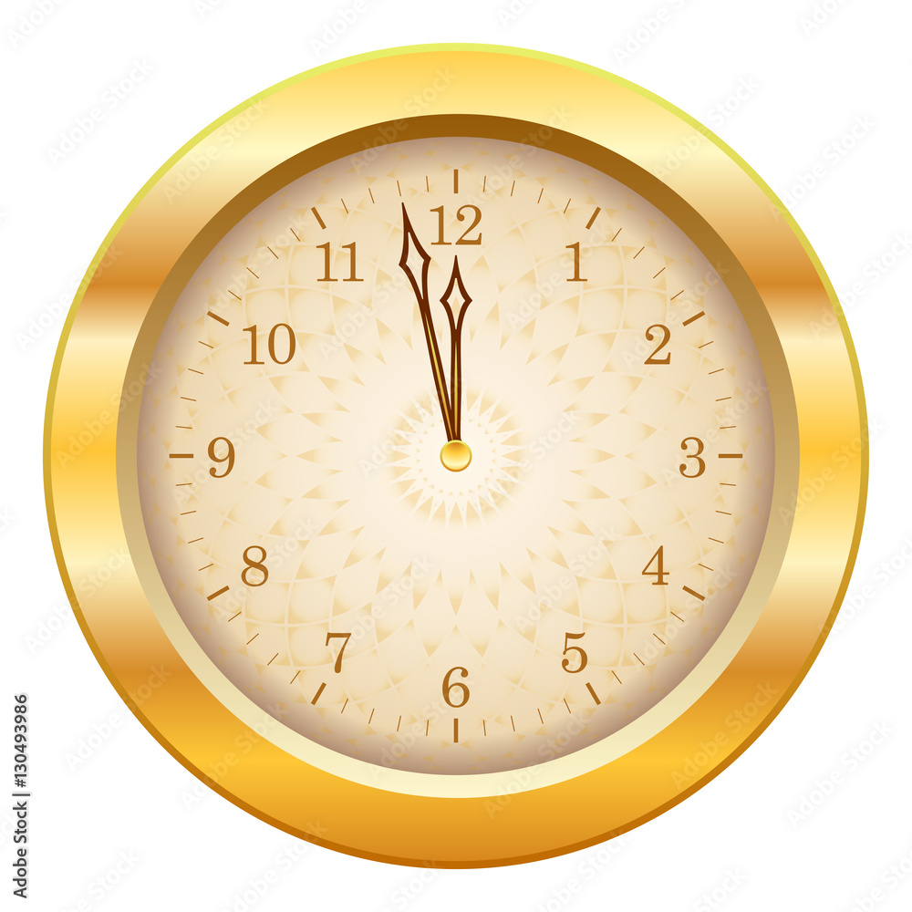 Golden glossy clock showing midnight Golden glossy clock showing midnight