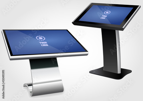 Set of Promotional Interactive Information Kiosk, Advertising Display, Terminal Stand, Touch Screen Display. Mock Up Template.