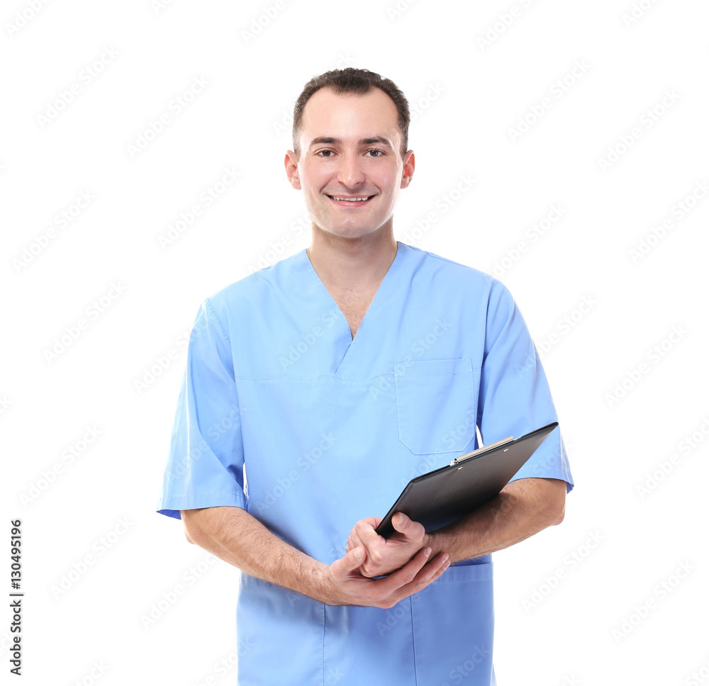 Doctor holding clipboard isolated on white Doctor holding clipboard isolated on white