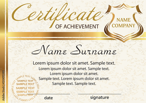 Template certificate of achievement. Elegant gold design. Vector